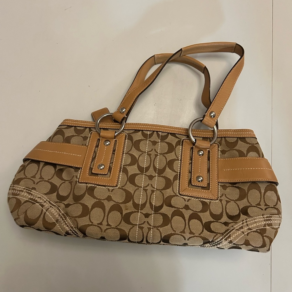 Tan fabric and leather Coach shoulder bag